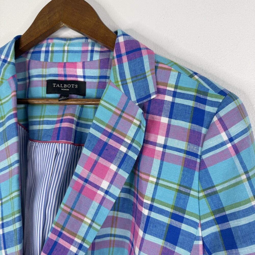 Talbots Blazer 16W Madras Linen Blend Blue Plaid Lined Jacket Preppy Womens